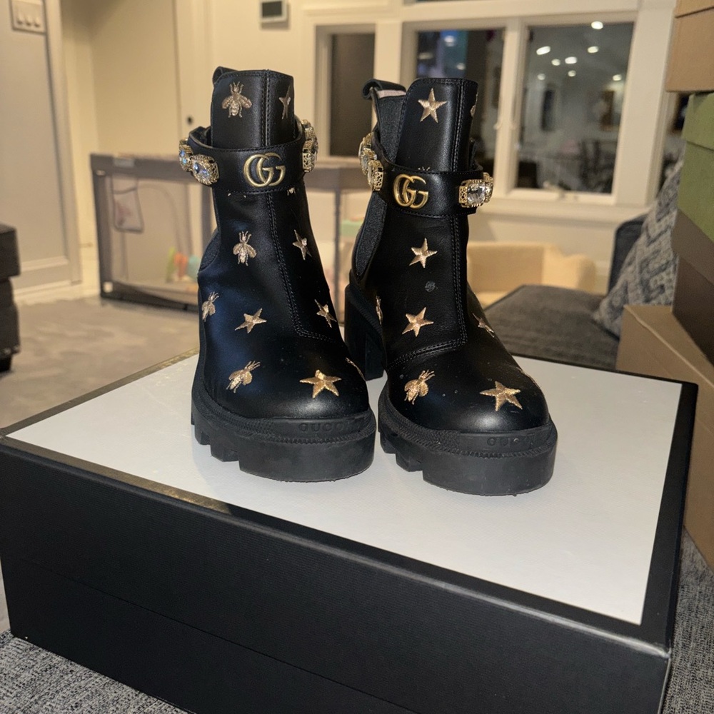 Gucci Black Ankle Boots with Gold Embellishments